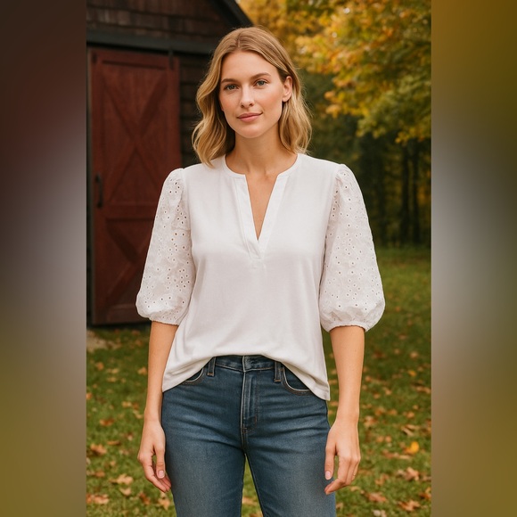 dolan Tops - Anthropologie Dolan Eyelet Sleeve White Blouse Puff Popover Top Feminine Boho